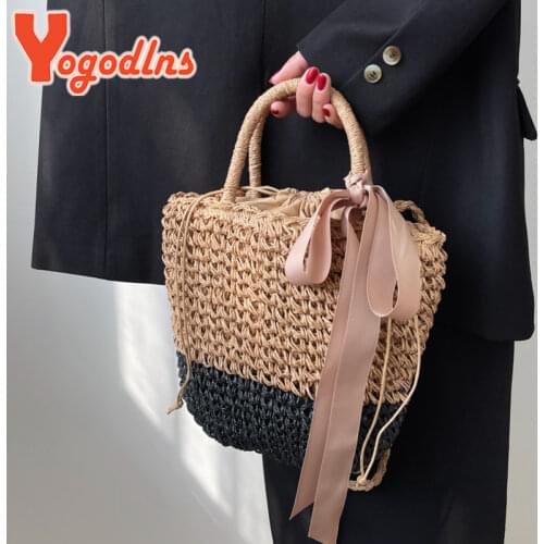 Yogodlns Summer Bowknot Straw Bag Women Handmade Woven Beach Shoulder Bag Vacation Handle Bag Ribbons Lady Tote Handbag bolso
