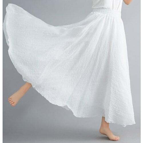 Womens Elegant High Waist Linen Maxi Skirt 2021 Summer Ladies Casual Elastic Waist 2 Layers Skirts Saia Feminina 14 Colors