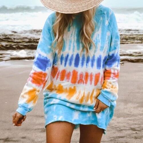 Women Short Dresses Tie-dye Shirt Dress 2020 Womens Long-sleeved Loose Round Neck Ladies Fashion Free Shipping Plus Size Casual