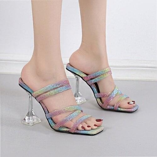 2021 New European and American Fashion Color Stripe Stiletto Sandals Female Models Square Head Set Foot Open-toed Slippers