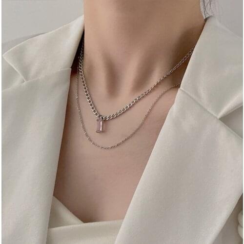 VSnow Stainless Steel Double-Layer Pink Rhinestone Pendant Necklace for Women Geometric Chunky Chain Metallic Necklace Jewelry