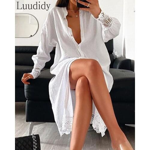 Women Lace Patchwork Button Design Long Sleeve Casual Dress