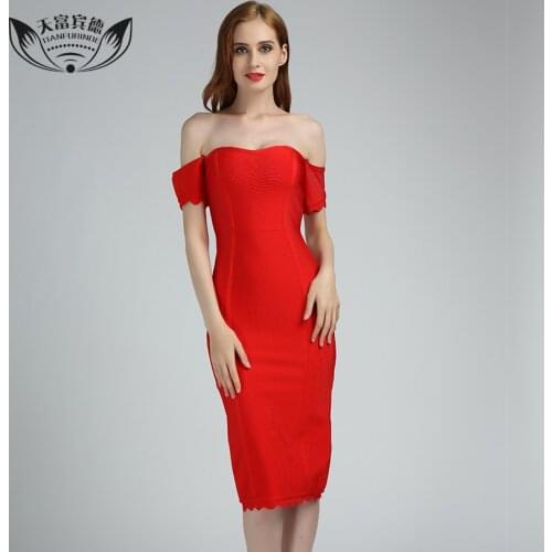 2017 Sexy Ladies Strapless Dresses Red Rayon Ruffles High Quality Party Dress Women Summer Knee-Length Elegant Bandage Dresses
