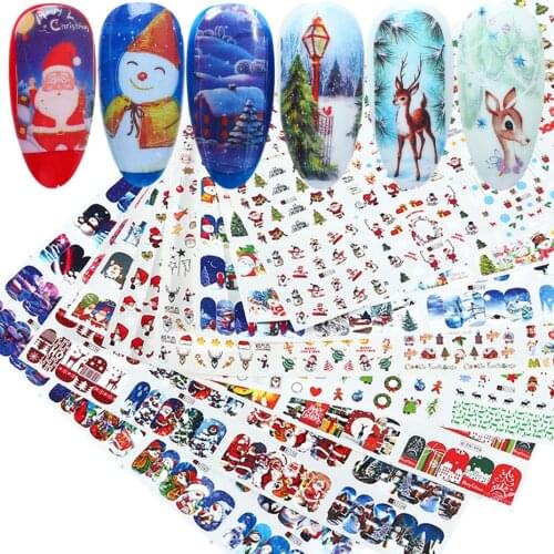12pcs Christmas Nail Stickers Santa Claus Elk Snowman Water Transfer Sliders for Nails Cartoon Winter New Year Manicure JIBN/A-1