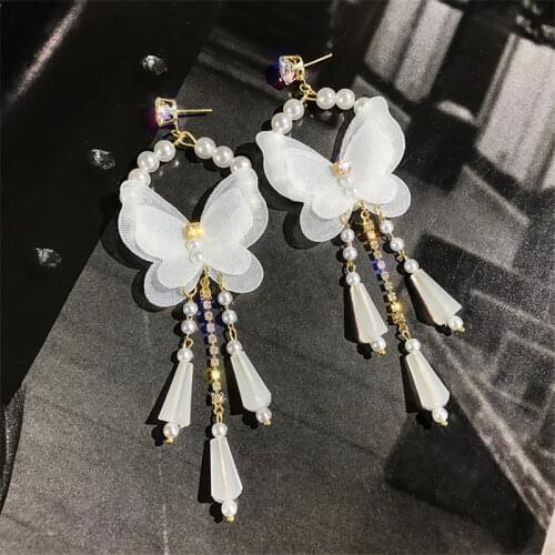 2021 Long Tassel Crystal Drop Earrings For Women Bijoux Korean Style White Butterfly Pearl Dangle Earrings Jewelry Gifts