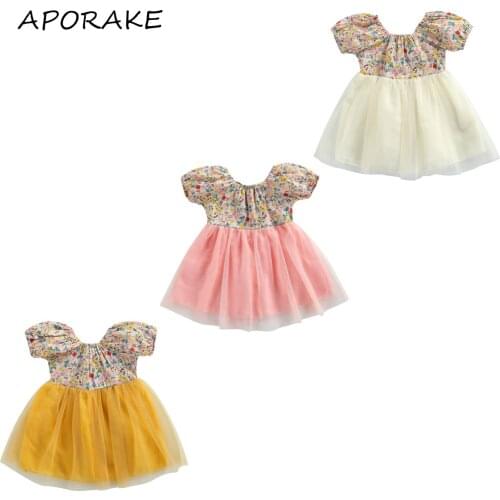 2021 0-3Y Sweet Toddler Girls Dress Floral Full Print Patch Puff Short Sleeve Bow Back Tulle Princess Kids Dress Party Sundress