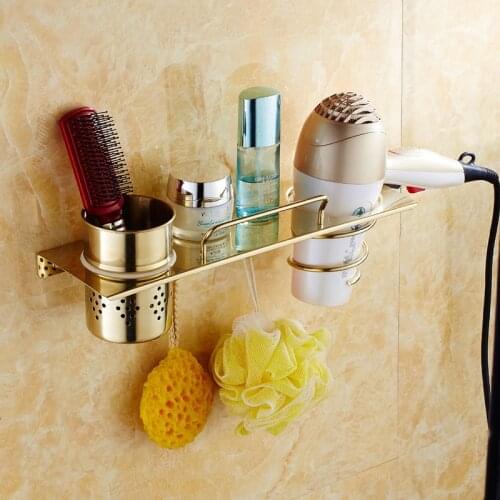 304 Stainless Steel Hair Drier Holder Bath Shower Rack Wall Mounted Bolt Inserting Type With Hooks Bath Hardware Gold/Silver