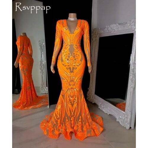 Sparkly Long Prom Dresses 2021 V-neck Long Sleeve Orange Sequined African Black Girls Mermaid Prom Dress