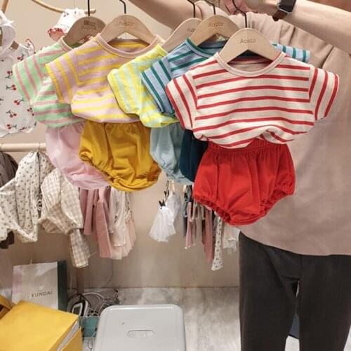 Childrens Clothing Baby Summer Color Striped Short Sleeve Baby Casual T Shirt + Shorts