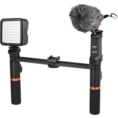 BOYA Smartphone Dual Handheld Metal Grip Holder with Bluetooth Remote Control + Mini Microphone Mikrofon+ LED Video Light