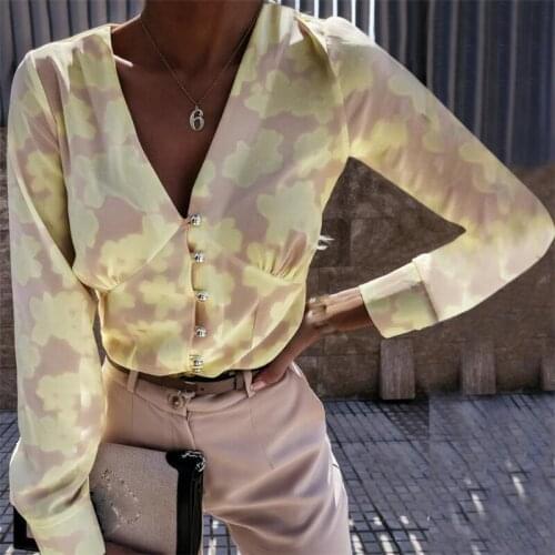 FUFUCAILLM Button Down Women’s Shirts Sexy V Neck Floral Print Slim Fitted Long Sleeve Autumn Tops Vintage Fashion Blouses New