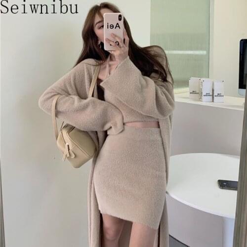 Khaki Sweater Sets Womens Autumn 3 Piece Sets Fashion Oversize Cardigan Crop Top + Bodycon Skirt Suits Sweet Knitted Tracksuit