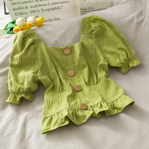 Herstory Ulzzang Stretch Slim Elegant Femme Shirts Blouse Women Pleat Design Lovely Puff Sleeve Vintage Ladies Clothing Crop Top