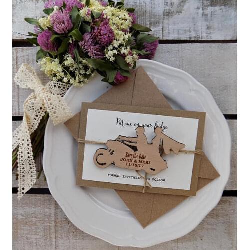 Personalized Motorcycle rustic Wedding invitation cards with wood Save the Date Magnets bridal shower party favors gifts
