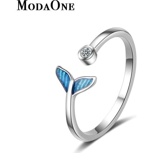 ModaOne Blue Fish Tail Mermaid 925 Sterling Silver Ring For Women Girls AAAAA Zircon Adjustable Dainty Ring Anillos Bague JZ253