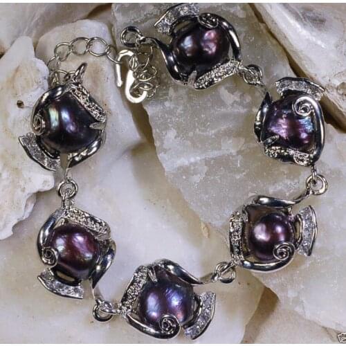Fashion jewelry Free Shipping Fashion 10-11mm Black Natural Freshwater baroque Pearl Bracelet 9"