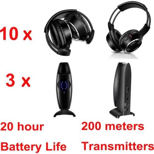 Silent disco Wireless 10 foldable headphones with 3 transmitters - RF Silent Disco earphones For iPod MP3 DJ music pary club