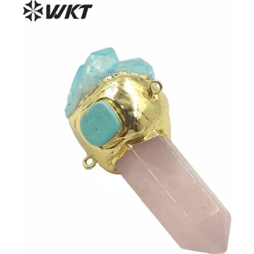 WT-P1558 Wholesale hand make gold spirit healing stone pendant natural big chunky cluster druzy on top hexagonal quartz point