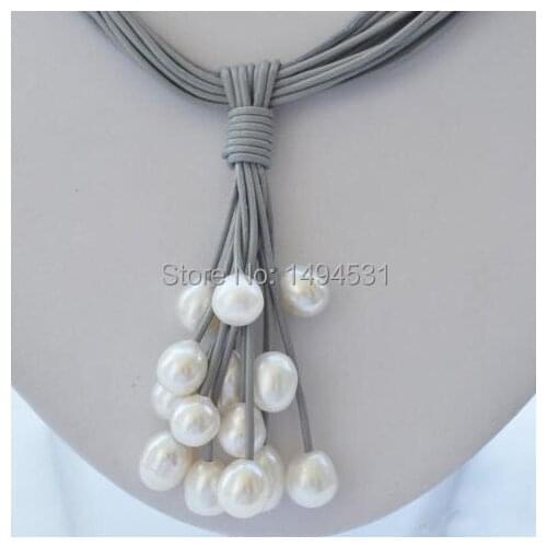 Wholesale Pearl Jewelry 15Rows 17 Inches 8-13mm White Rice Pearl Gray Leather Grape Necklace - Handmade Jewelry - XZN29