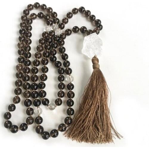 Smokey Q-uartz Tassel Mala Necklaces 108 Beads Knotted Mala Necklace Raw Rough Q-uartz Pendant Necklace Spiritual Boho Jewelry