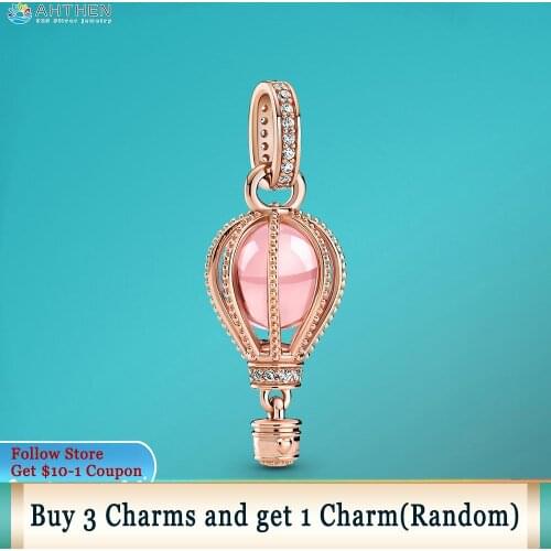 Ahthen 925 Sterling Silver Beads Sparkling Pink Hot Air Balloon Dangle Charm fit Original Pandora Bracelets for Women Jewelry