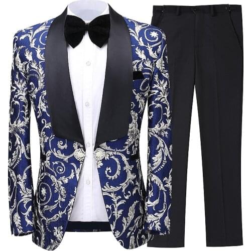 Latest Coat Pant Designs 2020 Men suit Shawl Lapel Slim 3 Piece Set Suit Blue Floral Jacquard Wedding Groom Singers Prom Costume