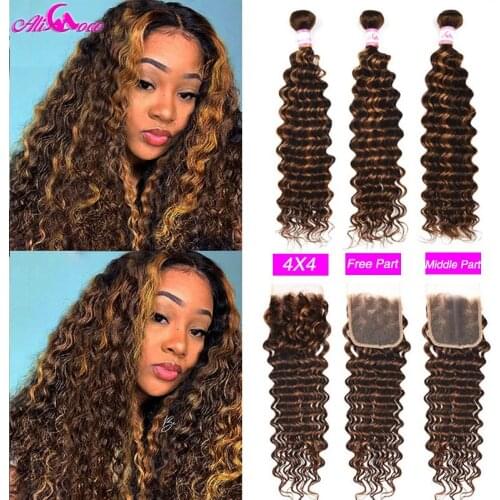 Ali Coco Deep Wave Highlight Colored Bundles With Closure P4/30 3 4 Bundles Hightlight Deep Curl Human Hair Bundles With Closure