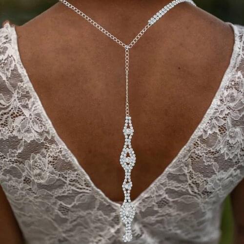 Luxury Rhinestone Long Drop Back Chain Necklace Sexy Body Chain for Women Bling Crystal Bridal Choker Necklace Wedding Jewelry