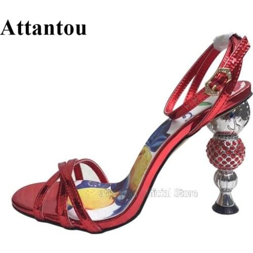 Designer Jewelled Strange High Heel Gladiator Sandals Women Narrow Cross Band Ankle Strap Printed Flower Ball Heeled Sandals