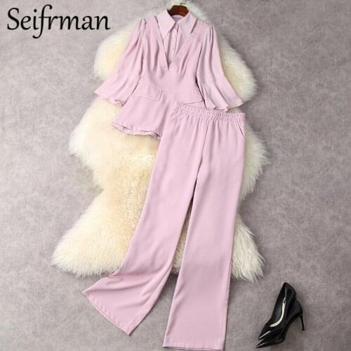 Seifrmann New 2021 Summer Women Fashion Runway Pants Set Long Sleeve Slim Tops + High Waist Pockets Pink Pants 2 Two Pieces Suit