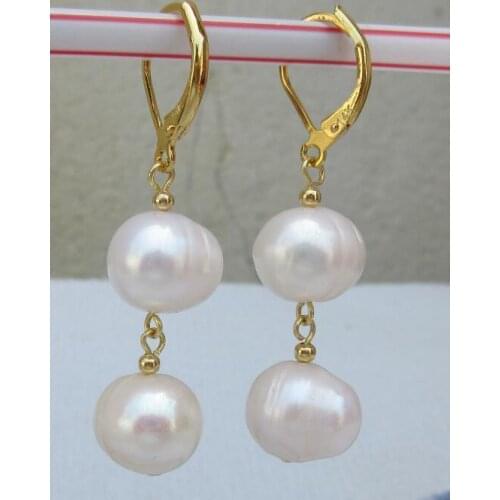 Nea pair of natural baroque 10-11mm south sea white pearl earrings 14k/20
