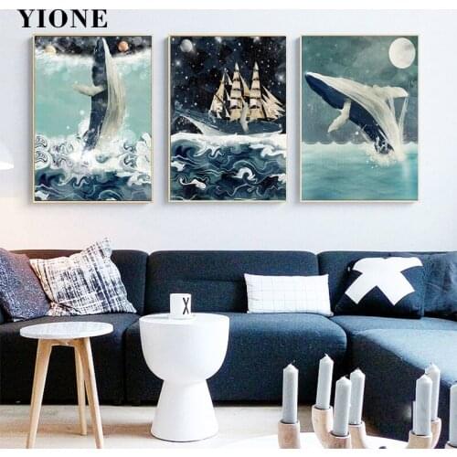 Nordic Blue Whale Shark Wave Oil Paintings Custom Abstract Sea Animal Wall Art Posters and Prints Pictures for Living Room Decor