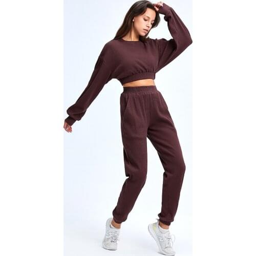 Winter Autumn Womens Ribbed Sportswear 2pcs Solid Long Sleeve Crop Tops Track Pants Trousers Loose Casual Clothes Set Homewear