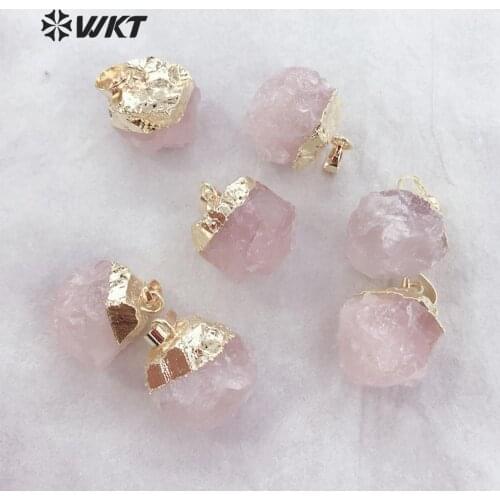 WT-P1449 Irregular natural Rose color stone Pendant Gold Plating Natural Stone Pendent Clear quartz Pendants For Jewelry Making