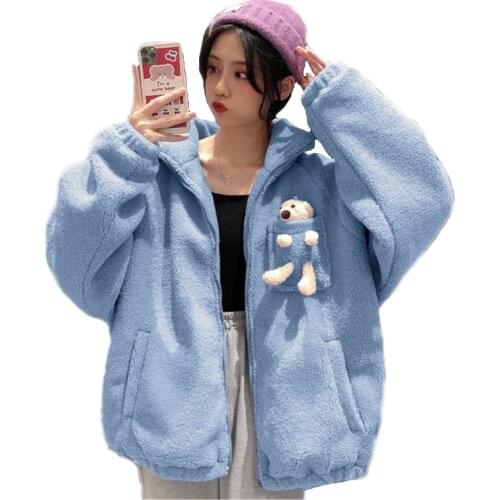 2021 Autumn Winter Women Fleece Sweatshirt Oversized Casual Raglan Long Sleeves Bear Pocket Hoodies Thicken Zip-Up Loose Outwear