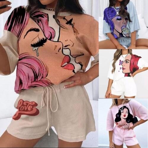 Womens Pajamas Casual Loose Comic Pattern T-shirt with Drawstring Shorts Lounge Homewear Set Female Comfort Nightwear Summer