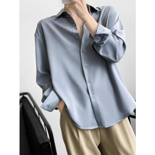 New Korean version of long-sleeved regular solid color satin lapel ladies shirt