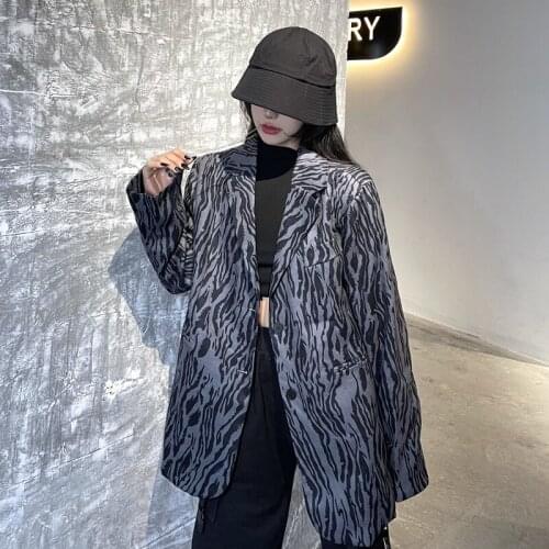 Korean Vintage Leopard Print Blazers Loose Casual Streetwear Single-button Long Sleeves Autumn Veste Femme Plus Size Blazer Coat