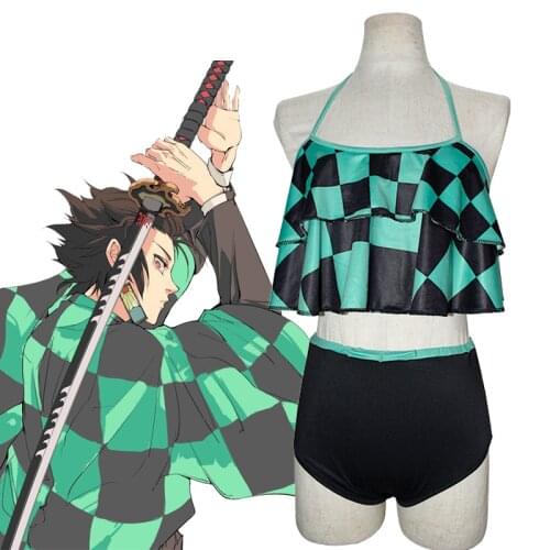 Demon Slayer Kamado Tanjirou Cosplay Swimsuit Women Casual Demon Slayer Kimetsu No Yaiba Two Pieces Swimming Suit Swimwear
