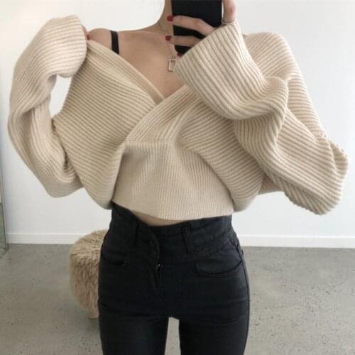 Female Casual Knitted Sweater Sexy Criss-Cross V-neck Autumn Winter Knitwear Elegant OL Pullover Stylish Knitted Top Pull Femme