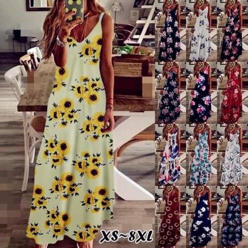 Fashion Sexy Women Strap Dress Casual Beach Cotton Summer Boho Floral Print Maxi Dress Plus Sizes Big Large Dresses Robe Femme