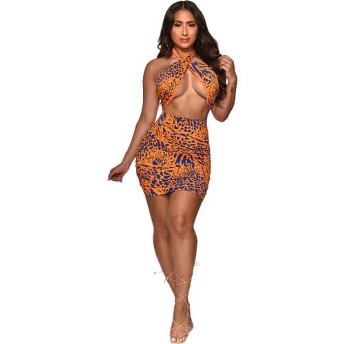 Women Sexy Mini Dress Print Sleeveless Halter Hollow Out Stretchy Bodycon Dresses Clubwear Summer Outfits