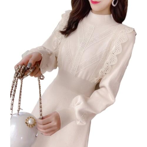 2020 New Arrival Women Sweater Dress Autumn Winter Bottoming Knit Dress Women A-line Long Sleeve Lace Vestidos Elegant Knitwear