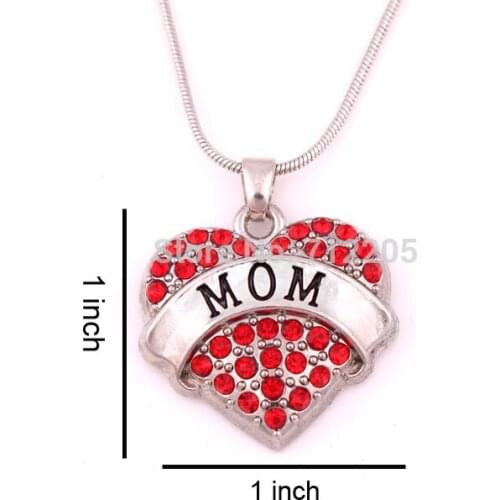 1 inch*1 inch 30pcs a lot rhodium plated big hearts MOM with red crystal heart pendant necklace