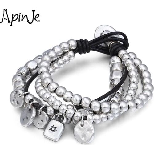 Apinje String Bracelet 999 Pure Silver Bracelet for Men And Women Black Leather Cord Fashion Braided Retro Jewelry Bracelet