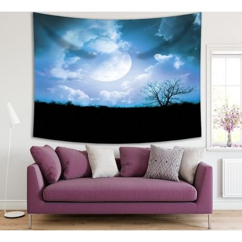 Tapestry A Tree Grasses Cloudy Sky Full Moon Night View Wild Nature Under Moonlight Landcspe Black Blue