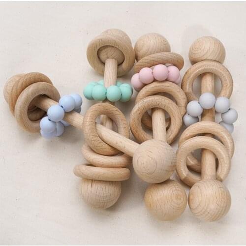 BPA Free Easy To Rinse Retro Color Molar Cute-Shaped Soothers Hang Teething Ring Sensory Toys Hand-Cranked Chewing Wooden Ring