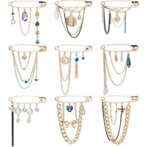 Fashion temperament devils eye water drop crystal gold coin pin chain tassel Brooch bee cardigan Brooch