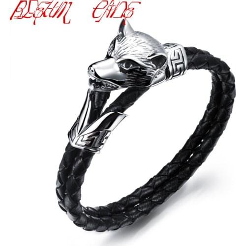 Punk 316L Stainless Steel Wolf Head Buckle Hand Made Braided Leather Mens Bracelet