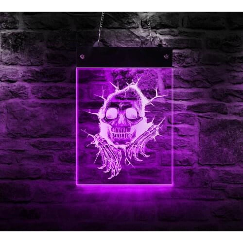 Cracked Evil Skeleton Head LED Night Light Halloween Skull Display Sign Electronic Lighted Acrylic Light Board Man Cave Decor